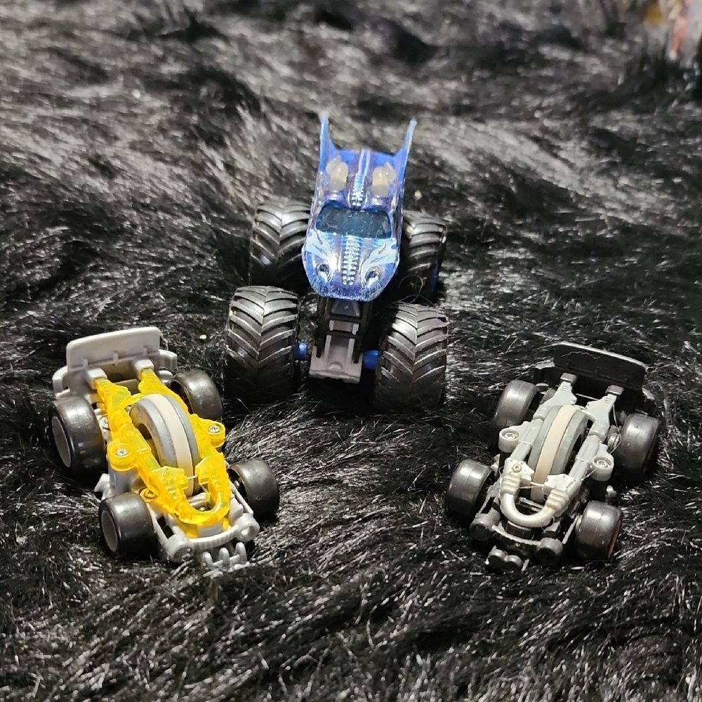 Monster Truck and Race Car Toy Set - Blue, Yellow, Gray.  VINTAGE.